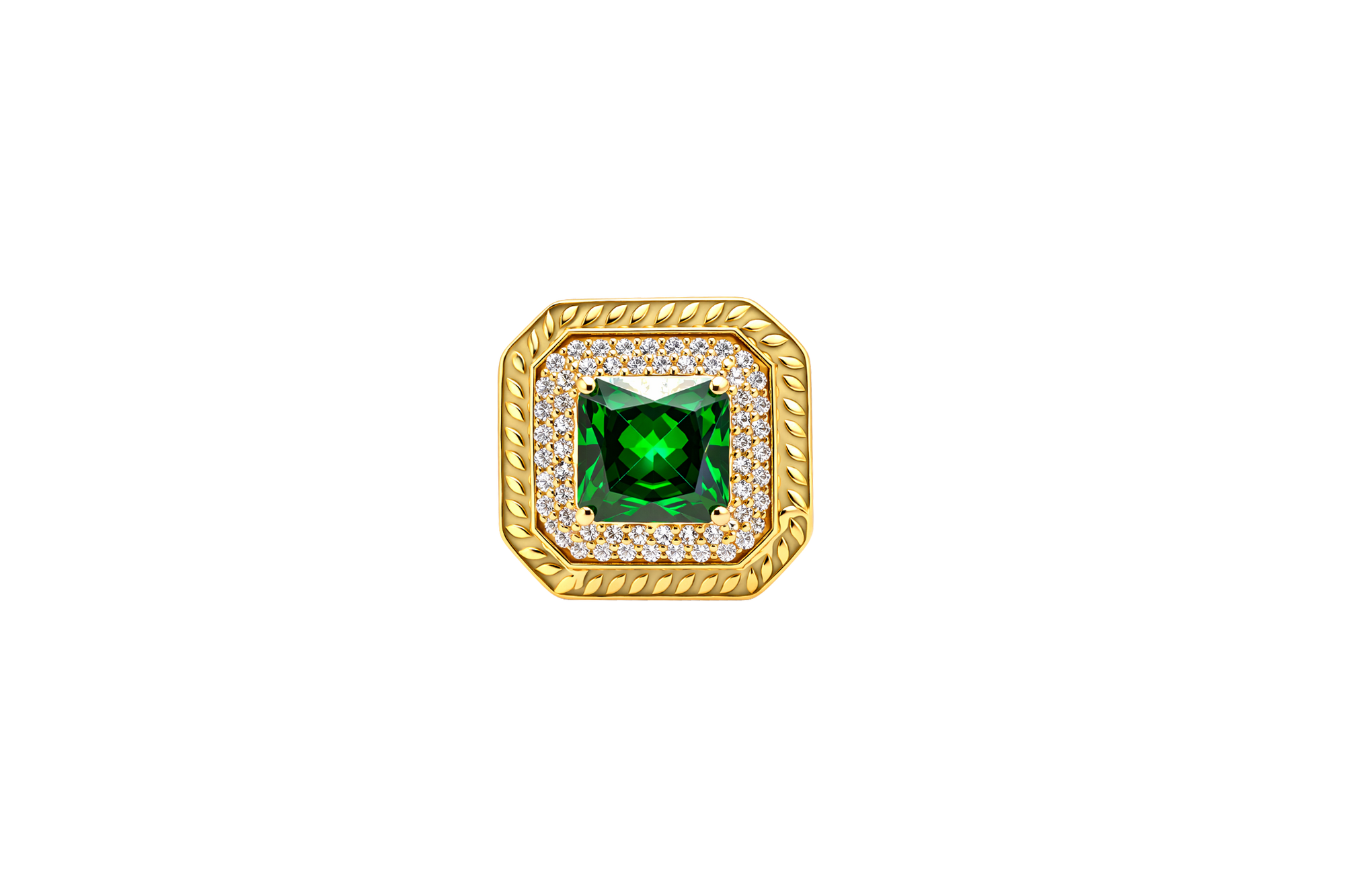 14KT Gold Ring Women's Dark Green Square Center CZ Stone Double Platform Border of Round White CZ Stones Mock Link Border Plain Band