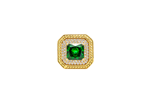 14KT Gold Ring Women's Dark Green Square Center CZ Stone Double Platform Border of Round White CZ Stones Mock Link Border Plain Band