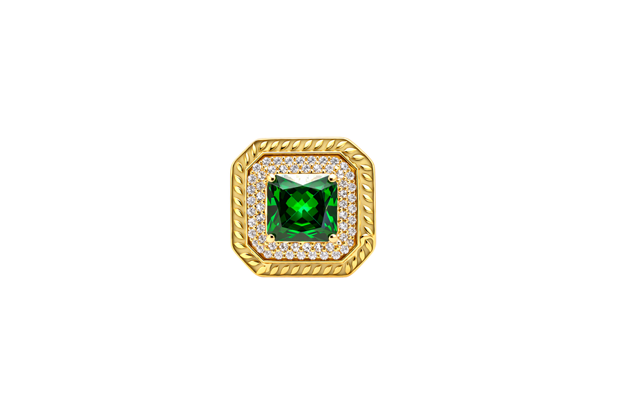 14KT Gold Ring Women's Dark Green Square Center CZ Stone Double Platform Border of Round White CZ Stones Mock Link Border Plain Band