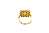 14KT Gold Ring Women's Dark Green Square Center CZ Stone Double Platform Border of Round White CZ Stones Mock Link Border Plain Band