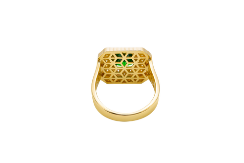 14KT Gold Ring Women's Dark Green Square Center CZ Stone Double Platform Border of Round White CZ Stones Mock Link Border Plain Band