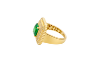 14KT Gold Ring Women's Dark Green Square Center CZ Stone Double Platform Border of Round White CZ Stones Mock Link Border Plain Band