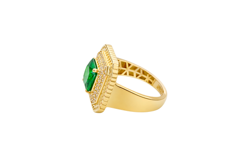 14KT Gold Ring Women's Dark Green Square Center CZ Stone Double Platform Border of Round White CZ Stones Mock Link Border Plain Band