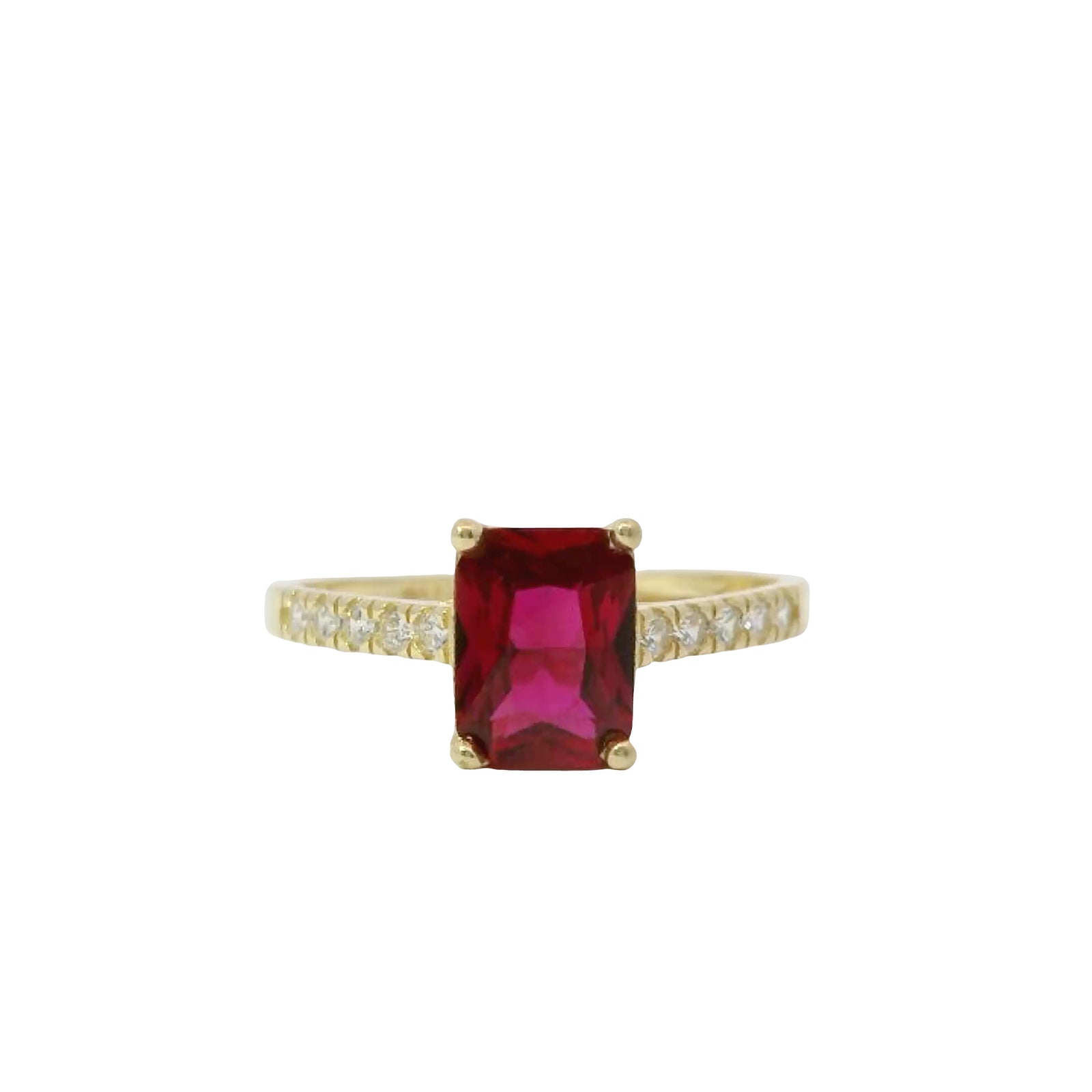 14KT Gold Ring Women's Dark Pink Rectangle Double Halo Center with Five White CZ Stones on Band Sides