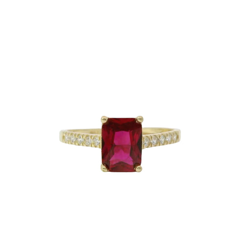 14KT Gold Ring Women's Dark Pink Rectangle Double Halo Center with Five White CZ Stones on Band Sides