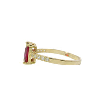 14KT Gold Ring Women's Dark Pink Rectangle Double Halo Center with Five White CZ Stones on Band Sides