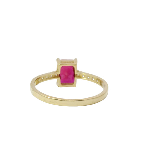 14KT Gold Ring Women's Dark Pink Rectangle Double Halo Center with Five White CZ Stones on Band Sides