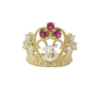 14KT Gold Ring Women's Two Tone "15" Quincenaera Tall Tiara Dark Pink Top Stones with 3 White CZ Stones on Crown Sides White CZ Stone Band