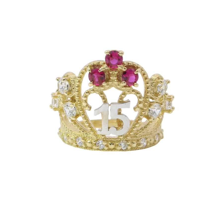 14KT Gold Ring Women's Two Tone "15" Quincenaera Tall Tiara Dark Pink Top Stones with 3 White CZ Stones on Crown Sides White CZ Stone Band