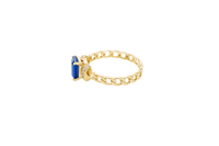 14KT Gold Ring Women's Rectangle Navy Blue Four Prong Center Stone with White CZ Stone Shoulder Straps and Chino Band