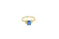 14KT Gold Ring Women's Rectangle Navy Blue Four Prong Center Stone with White CZ Stone Shoulder Straps and Chino Band
