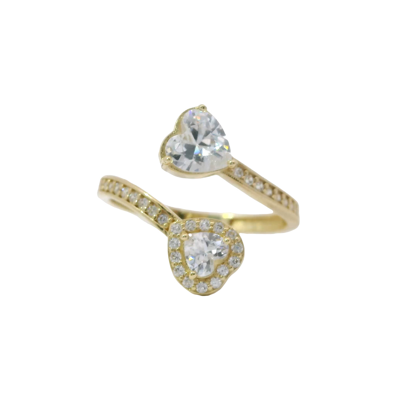 14KT Gold Ring Women's Double Heart White CZ Stone Bypass Band