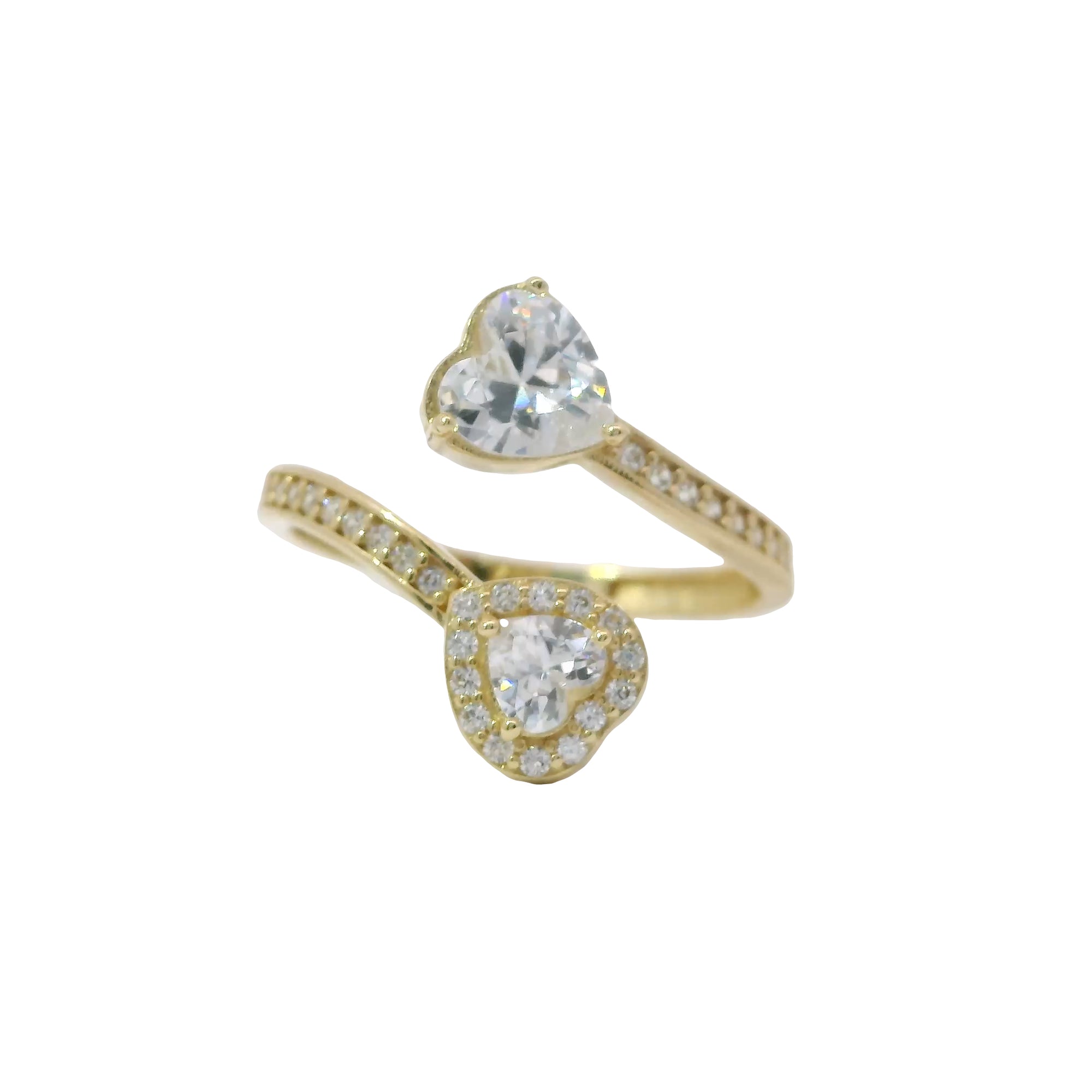 14KT Gold Ring Women's Double Heart White CZ Stone Bypass Band