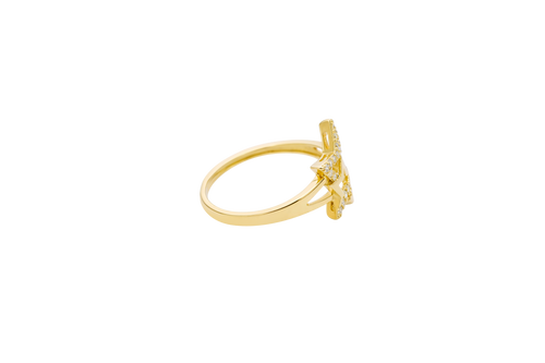 14KT Gold Ring Women's Double Star Shape White CZ Stone Outline Smaller Star Plain with Plain Split Band