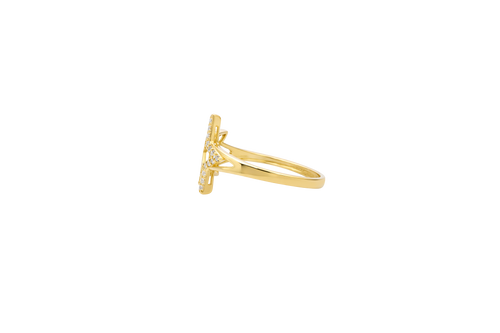 14KT Gold Ring Women's Double Star Shape White CZ Stone Outline Smaller Star Plain with Plain Split Band