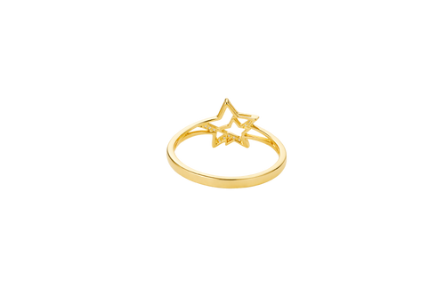 14KT Gold Ring Women's Double Star Shape White CZ Stone Outline Smaller Star Plain with Plain Split Band