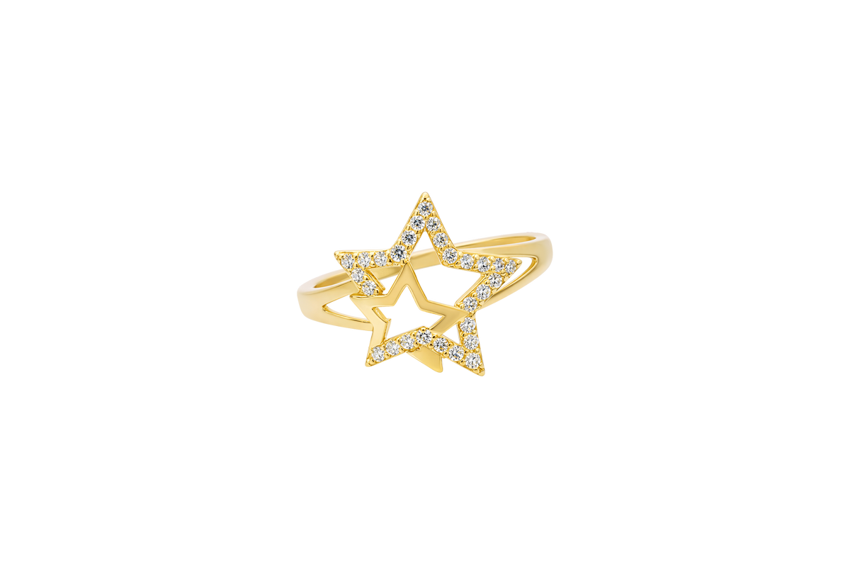 14KT Gold Ring Women's Double Star Shape White CZ Stone Outline Smaller Star Plain with Plain Split Band