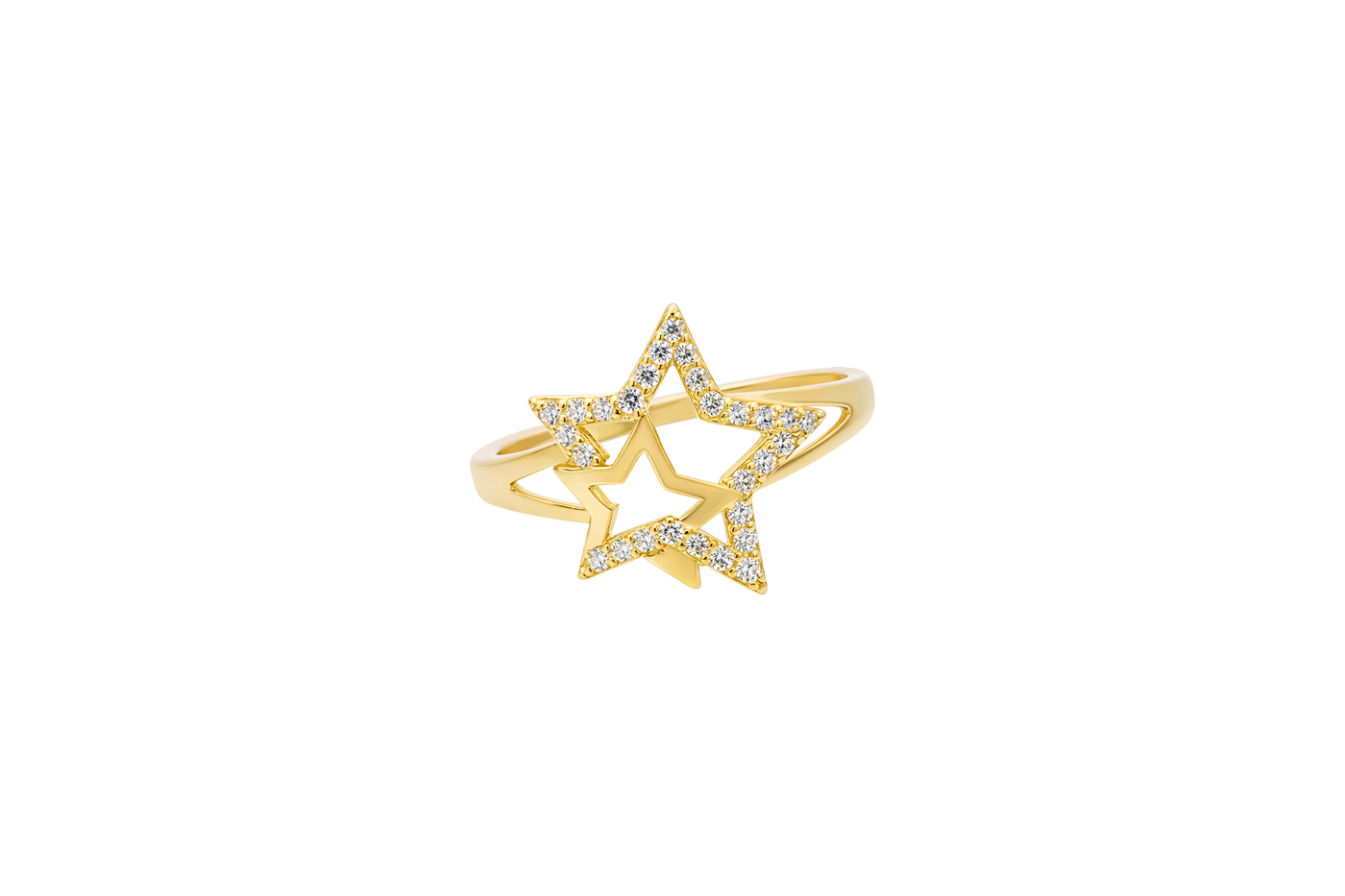 14KT Gold Ring Women's Double Star Shape White CZ Stone Outline Smaller Star Plain with Plain Split Band