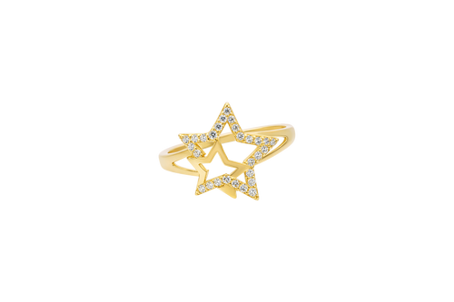 14KT Gold Ring Women's Double Star Shape White CZ Stone Outline Smaller Star Plain with Plain Split Band