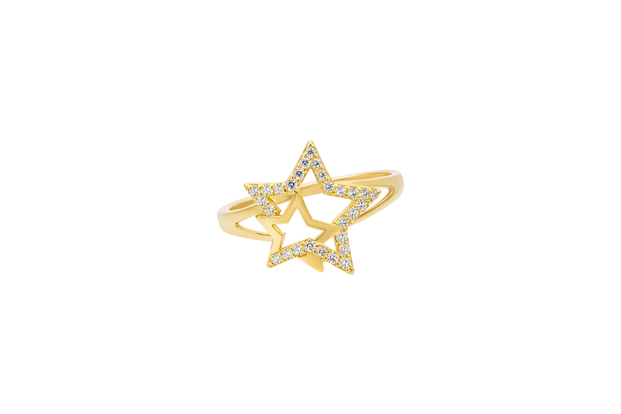 14KT Gold Ring Women's Double Star Shape White CZ Stone Outline Smaller Star Plain with Plain Split Band