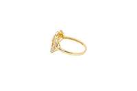 14KT Gold Ring Women's Double Open Heart with White CZ Stones Border and White CZ Stone Eye in Center of Hearts Plain Band
