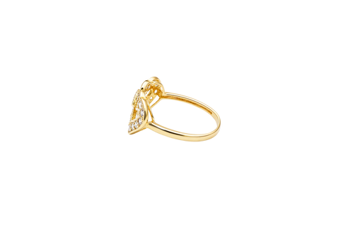 14KT Gold Ring Women's Double Open Heart with White CZ Stones Border and White CZ Stone Eye in Center of Hearts Plain Band