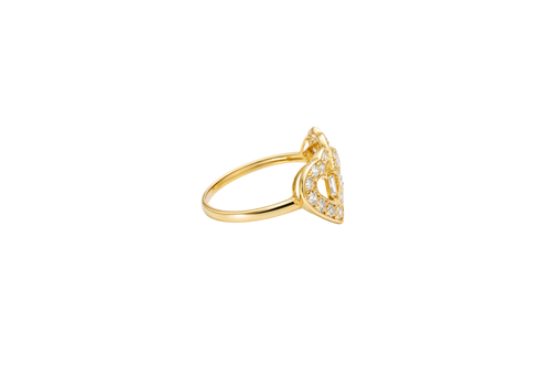 14KT Gold Ring Women's Double Open Heart with White CZ Stones Border and White CZ Stone Eye in Center of Hearts Plain Band