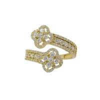 14KT Gold Ring Women's Double White CZ Stones Bypass Clover with CZ Stones Band