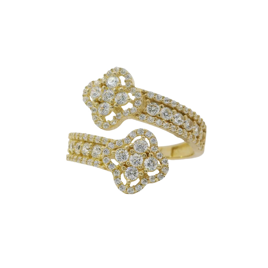 14KT Gold Ring Women's Double White CZ Stones Bypass Clover with CZ Stones Band
