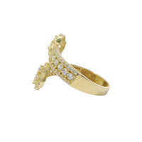 14KT Gold Ring Women's Double White CZ Stones Bypass Clover with CZ Stones Band
