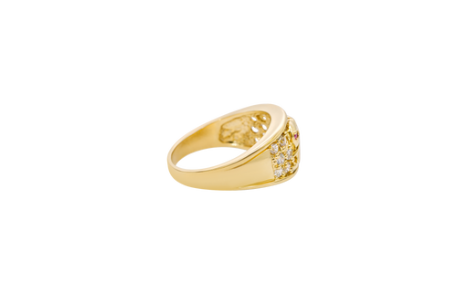 14KT Gold Ring Women's Elephant Band with White CZ Stones Sides Pink CZ Eye Plain Band