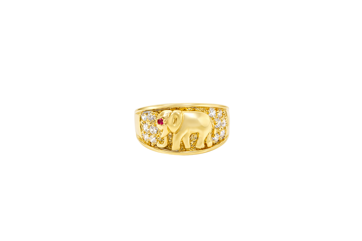 14KT Gold Ring Women's Elephant Band with White CZ Stones Sides Pink CZ Eye Plain Band