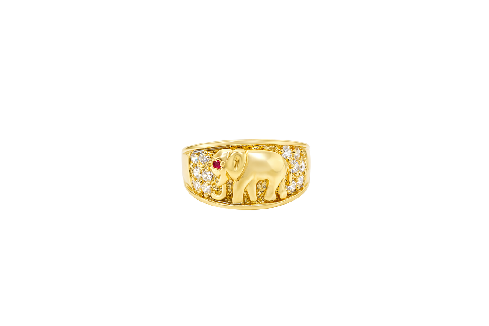 14KT Gold Ring Women's Elephant Band with White CZ Stones Sides Pink CZ Eye Plain Band