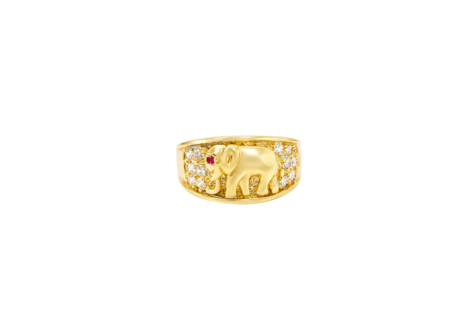 14KT Gold Ring Women's Elephant Band with White CZ Stones Sides Pink CZ Eye Plain Band