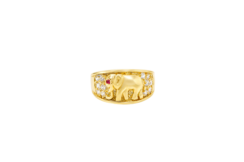 14KT Gold Ring Women's Elephant Band with White CZ Stones Sides Pink CZ Eye Plain Band