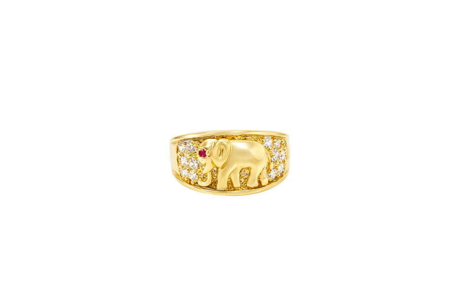 14KT Gold Ring Women's Elephant Band with White CZ Stones Sides Pink CZ Eye Plain Band