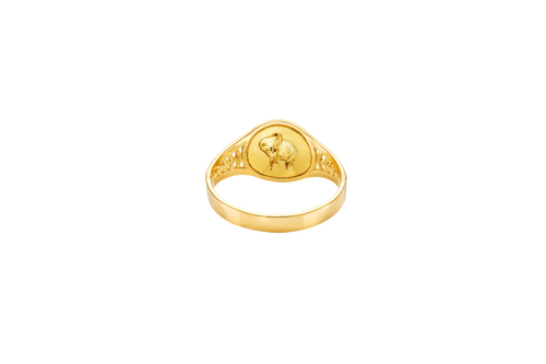 14KT Gold Ring Women's Embossed Oval Elephant Coin 5 Line Side Band