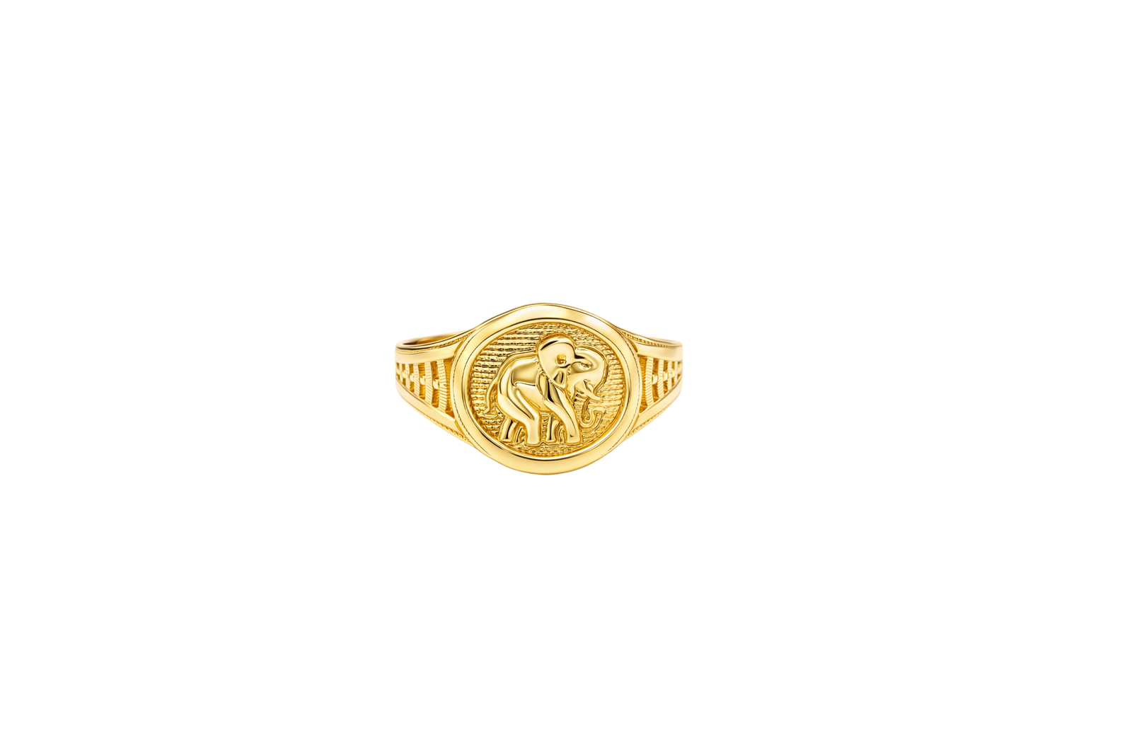 14KT Gold Ring Women's Embossed Oval Elephant Coin 5 Line Side Band
