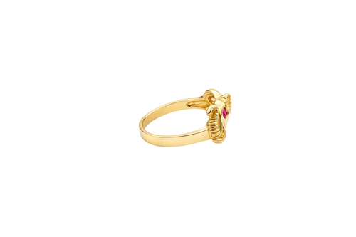 14KT Gold Ring Women's Left Facing Dark Pink Eye Elephant Shape with 4 White CZ Stones Body Plain Band