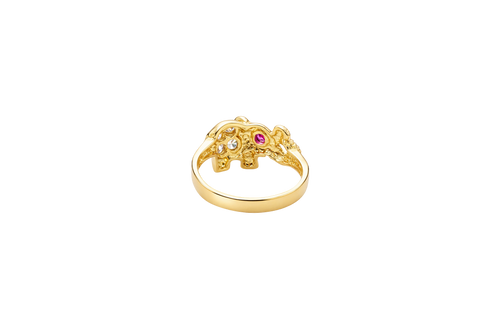 14KT Gold Ring Women's Left Facing Dark Pink Eye Elephant Shape with 4 White CZ Stones Body Plain Band