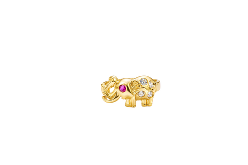 14KT Gold Ring Women's Left Facing Dark Pink Eye Elephant Shape with 4 White CZ Stones Body Plain Band