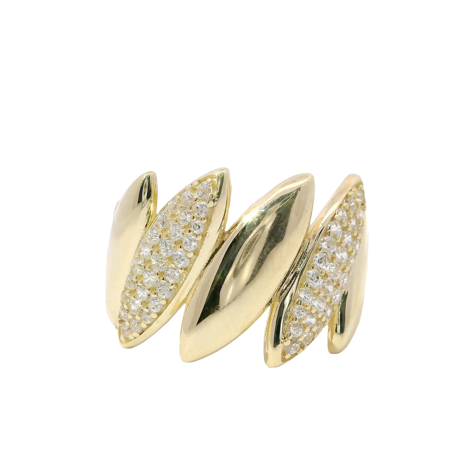 14KT Gold Ring Women's Five Abstract Puff Marquise Shaped Leaves Plain / Round White CZ Stones