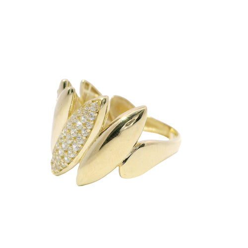 14KT Gold Ring Women's Five Abstract Puff Marquise Shaped Leaves Plain / Round White CZ Stones