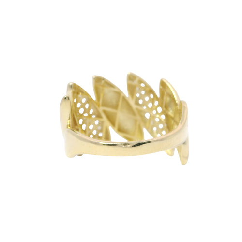 14KT Gold Ring Women's Five Abstract Puff Marquise Shaped Leaves Plain / Round White CZ Stones