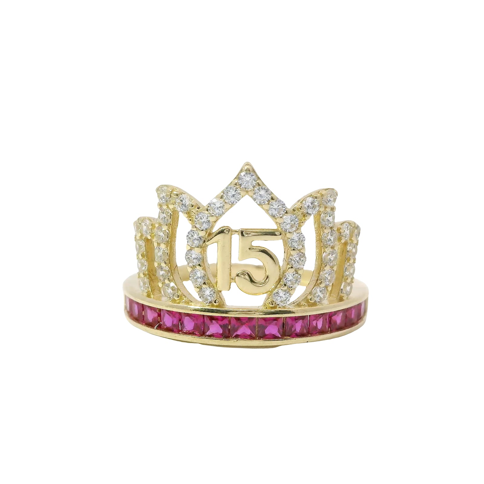 14KT Gold Ring Women's "15" Quinceanera Flame Tiara with Round White CZ Stones Outline and Dark Pink Square CZ Stones Band