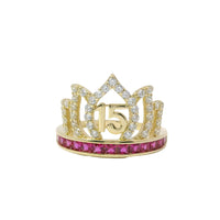 14KT Gold Ring Women's "15" Quinceanera Flame Tiara with Round White CZ Stones Outline and Dark Pink Square CZ Stones Band