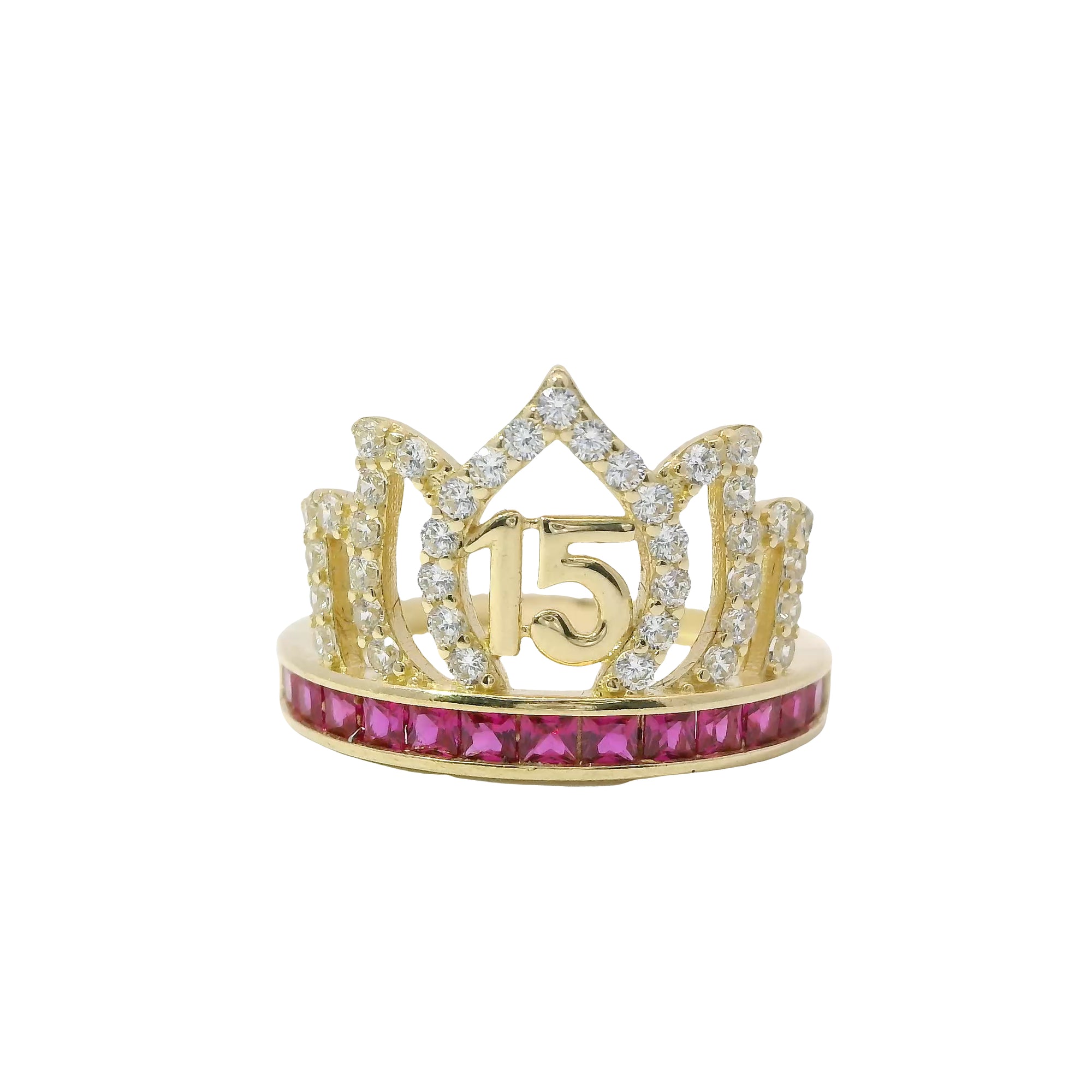 14KT Gold Ring Women's "15" Quinceanera Flame Tiara with Round White CZ Stones Outline and Dark Pink Square CZ Stones Band