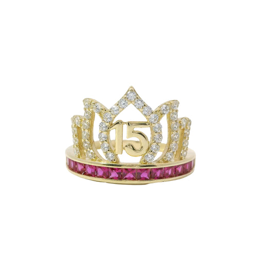 14KT Gold Ring Women's "15" Quinceanera Flame Tiara with Round White CZ Stones Outline and Dark Pink Square CZ Stones Band