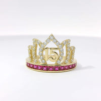 14KT Gold Ring Women's "15" Quinceanera Flame Tiara with Round White CZ Stones Outline and Dark Pink Square CZ Stones Band
