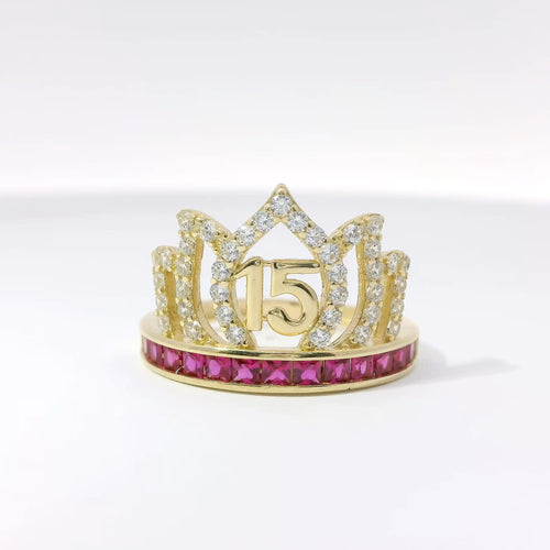14KT Gold Ring Women's "15" Quinceanera Flame Tiara with Round White CZ Stones Outline and Dark Pink Square CZ Stones Band